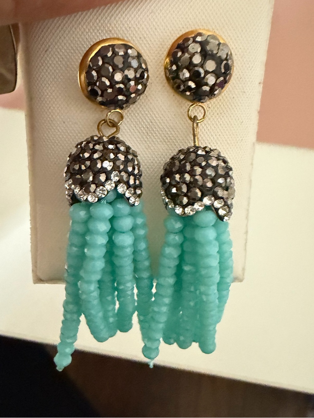 Turquoise Beaded Tassel Drop Earrings with Crystal Caps